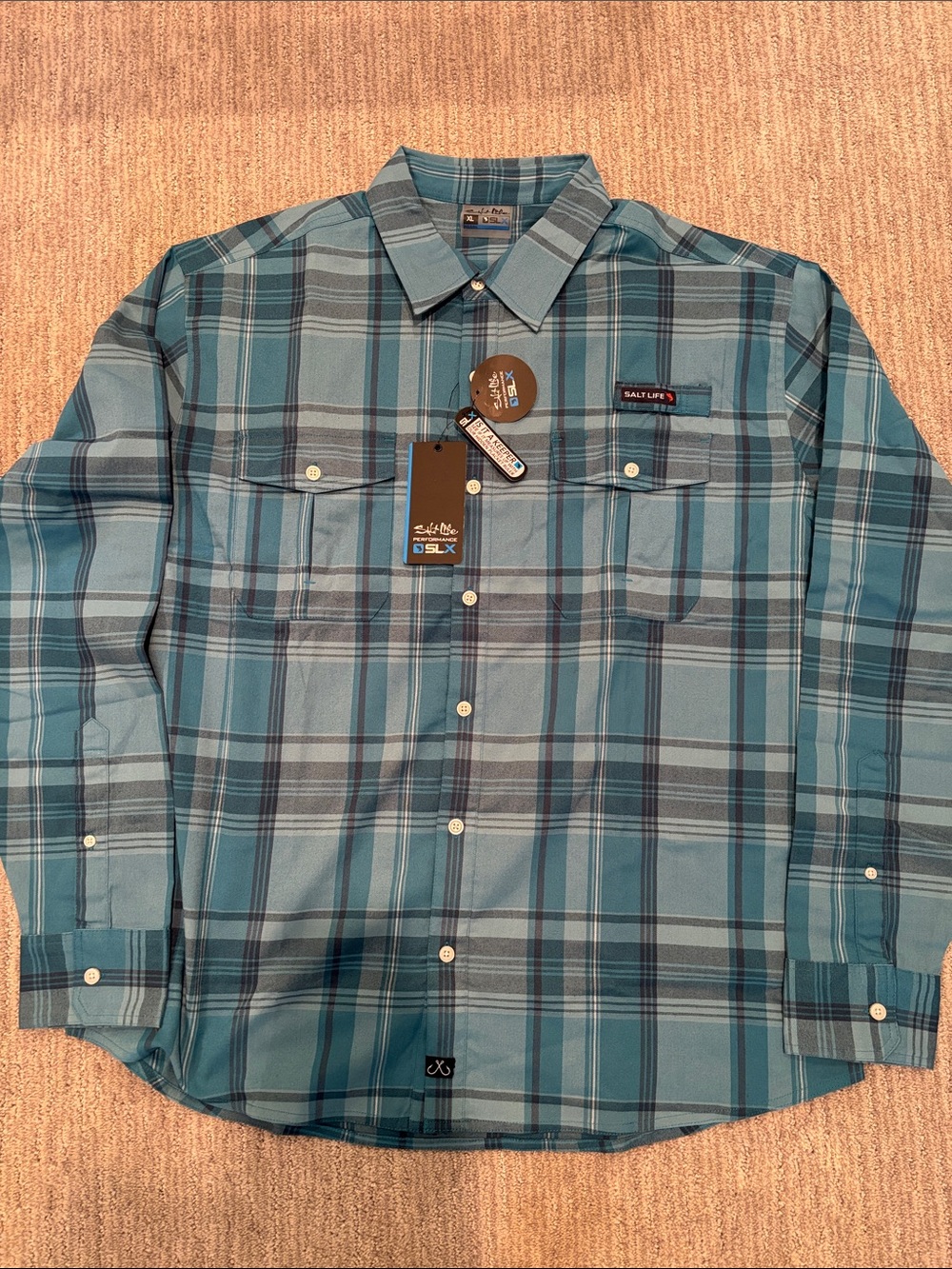 NWT Salt Life Teal & Navy Plaid Long-Sleeve Button-Down Shirt XL
